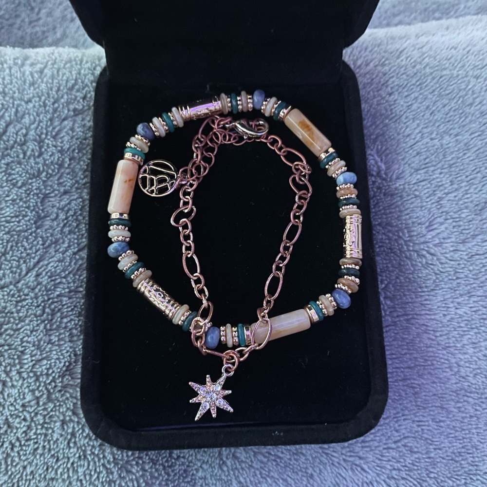 Gold and Blue Bracelet with Beads and Starburst Charm